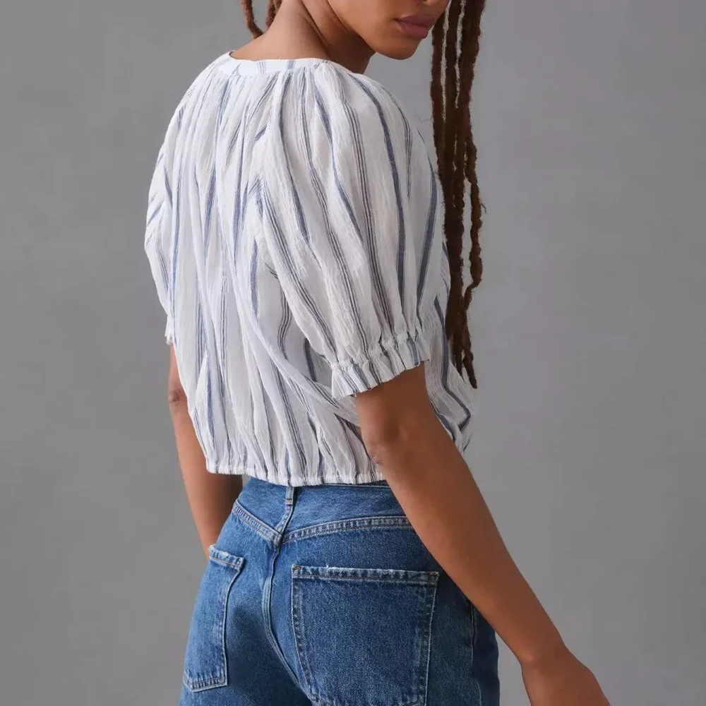 Anthropologie Pilcro Puff-Sleeve Blouse White + Blue Stripe L